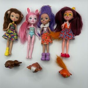 Lot 4 Mattel Enchantimals 7” dolls & 3 pets: Danessa, Bree, Felicity Fox, Merit.
